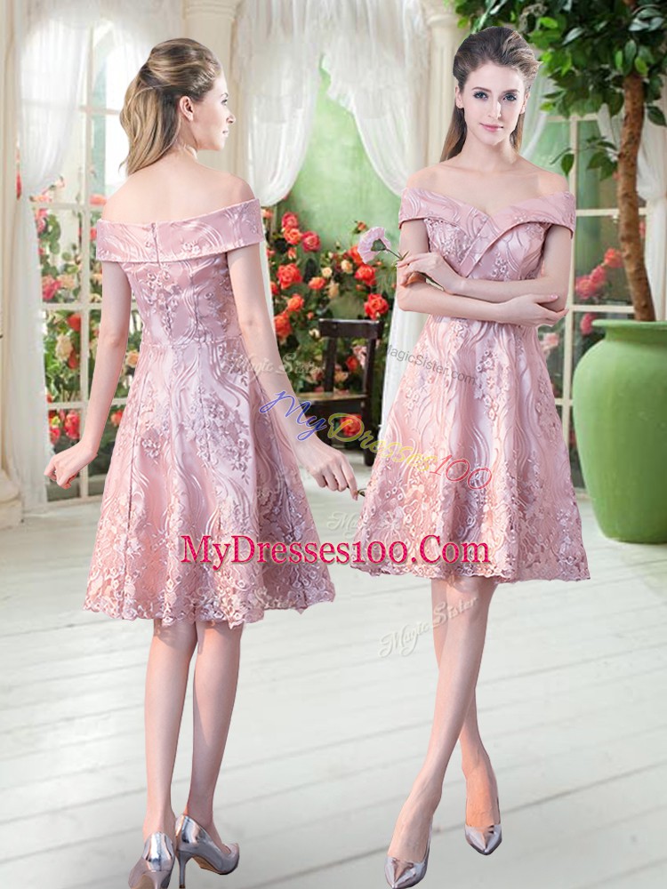 Off The Shoulder Sleeveless Homecoming Dress Knee Length Lace Pink