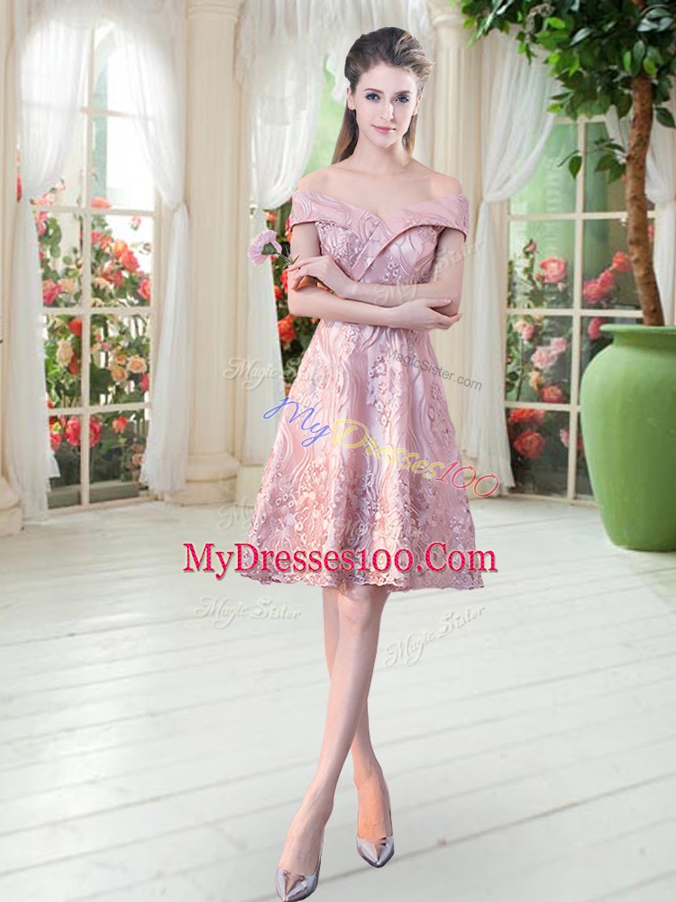Off The Shoulder Sleeveless Homecoming Dress Knee Length Lace Pink