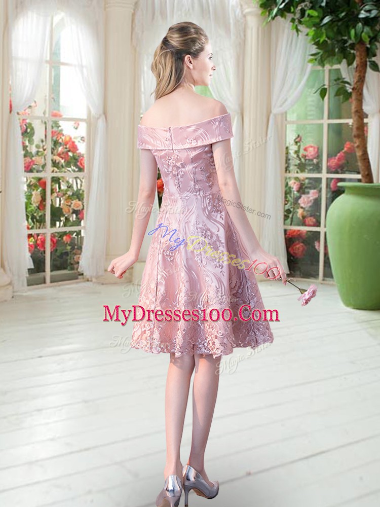 Off The Shoulder Sleeveless Homecoming Dress Knee Length Lace Pink