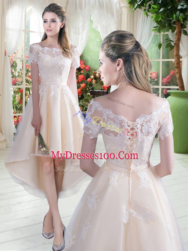 Pretty Tulle Off The Shoulder Short Sleeves Lace Up Lace Prom Evening Gown in Champagne