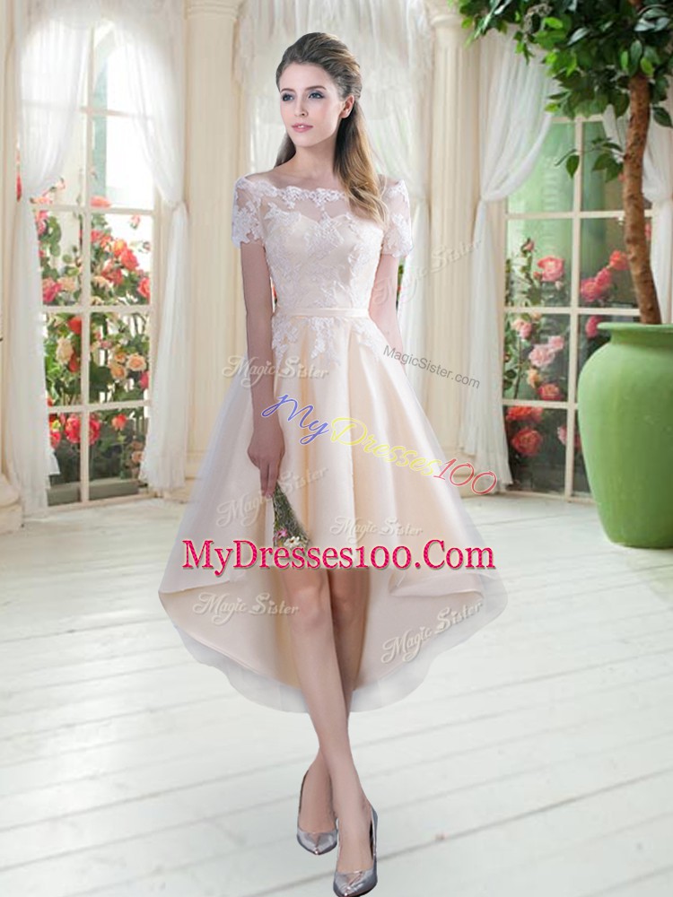 Pretty Tulle Off The Shoulder Short Sleeves Lace Up Lace Prom Evening Gown in Champagne