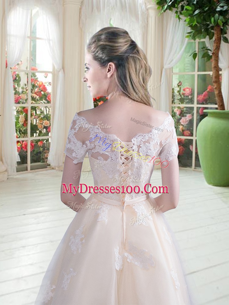Pretty Tulle Off The Shoulder Short Sleeves Lace Up Lace Prom Evening Gown in Champagne
