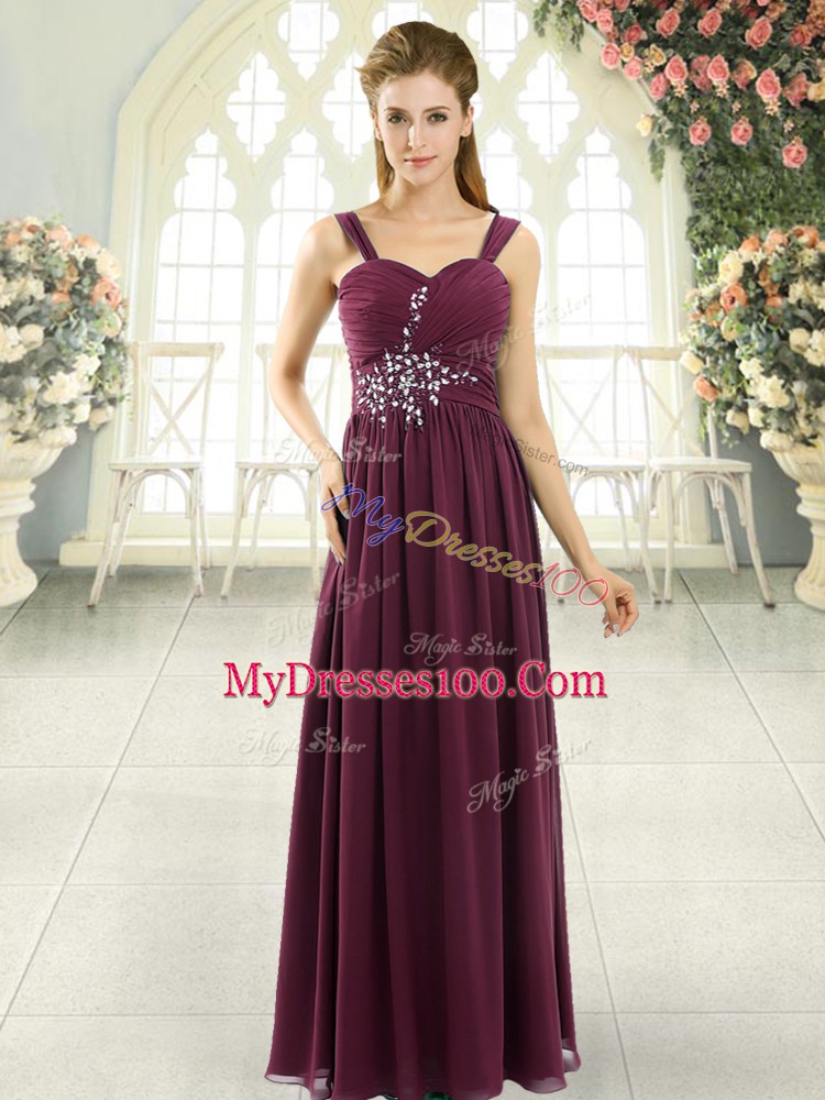 Chiffon Spaghetti Straps Sleeveless Lace Up Beading and Ruching Prom Dress in Burgundy