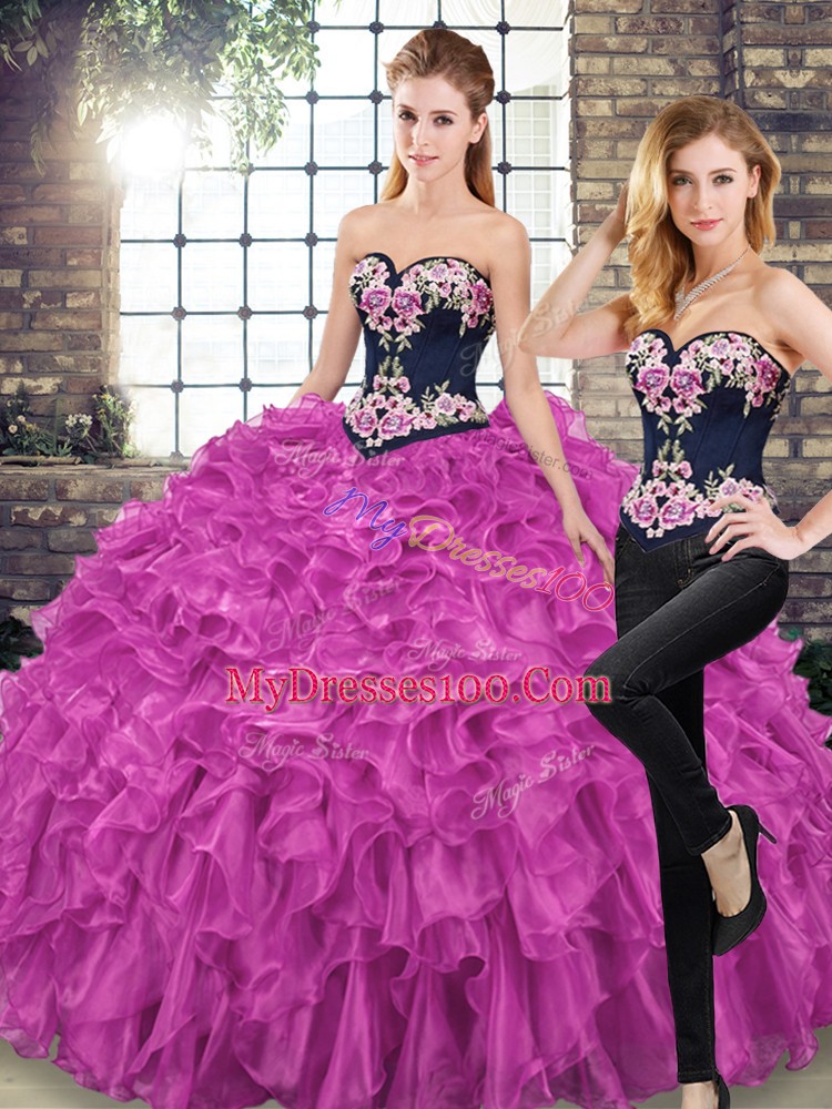 Glittering Fuchsia Vestidos de Quinceanera Organza Sweep Train Sleeveless Embroidery and Ruffles