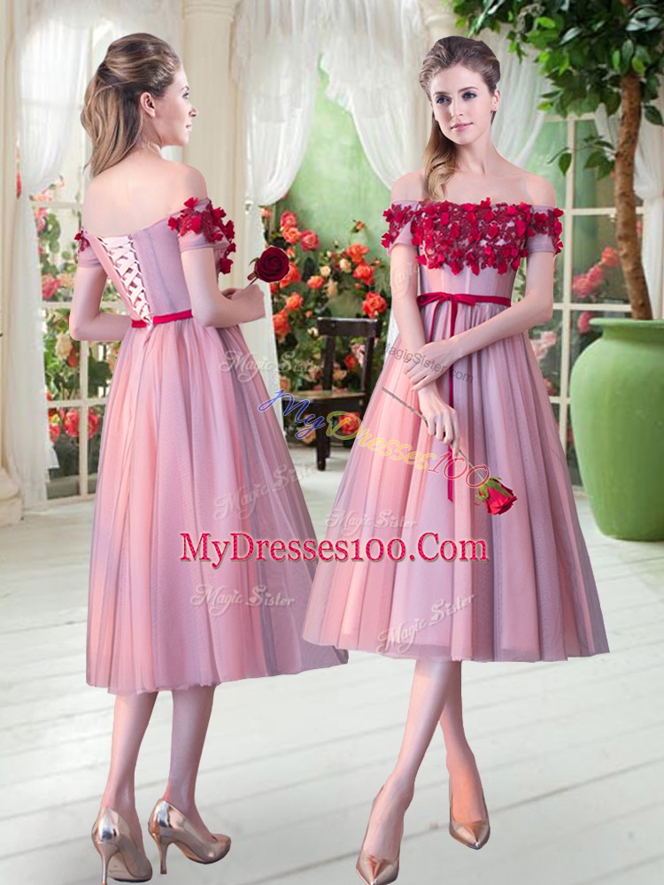 Fitting Pink Lace Up Off The Shoulder Appliques Prom Dress Tulle Sleeveless