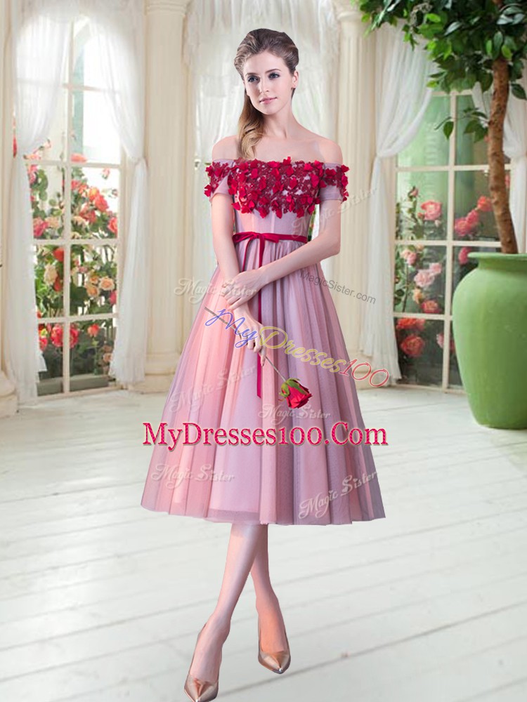 Fitting Pink Lace Up Off The Shoulder Appliques Prom Dress Tulle Sleeveless