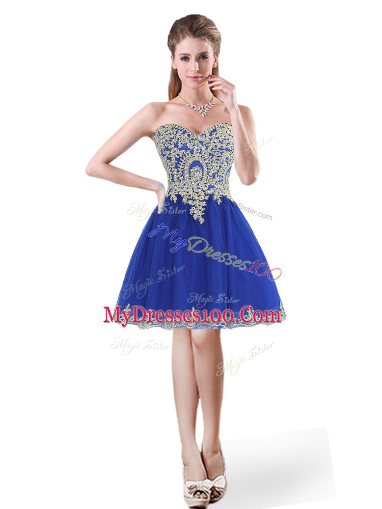 Best Royal Blue Tulle Lace Up Sweetheart Sleeveless Mini Length Prom Dress Beading and Appliques