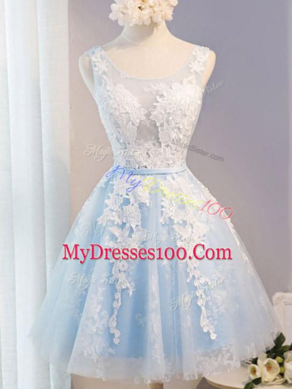 Best Selling Baby Blue Scoop Lace Up Appliques and Belt Prom Dress Sleeveless