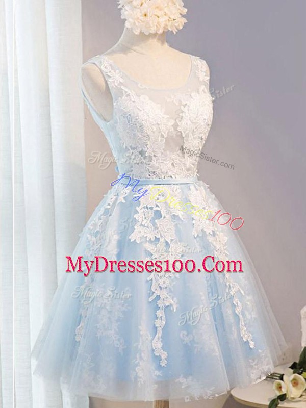 Best Selling Baby Blue Scoop Lace Up Appliques and Belt Prom Dress Sleeveless