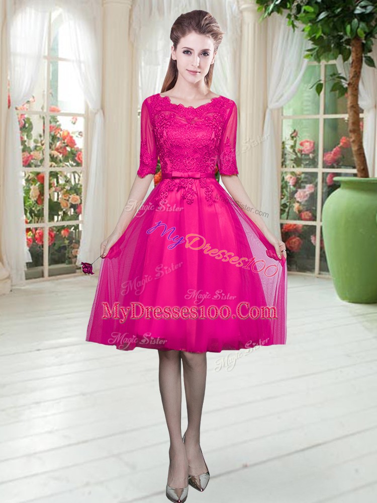 Empire Evening Outfits Fuchsia Scoop Tulle Half Sleeves Knee Length Lace Up