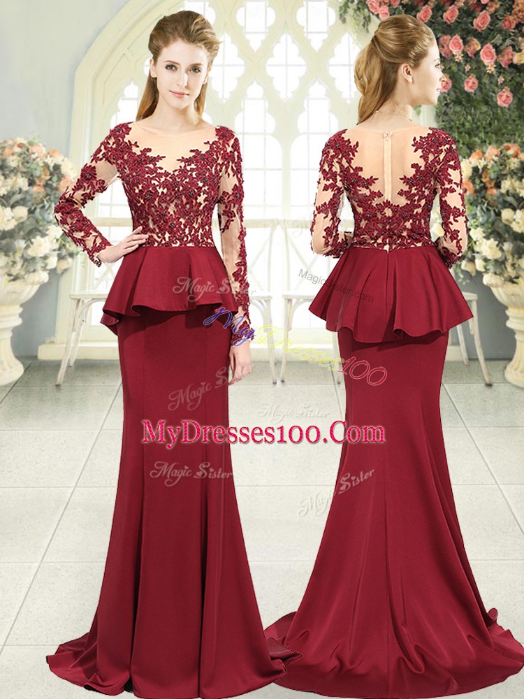 Fabulous Red Satin Zipper Scoop Long Sleeves Evening Dress Sweep Train Lace and Appliques