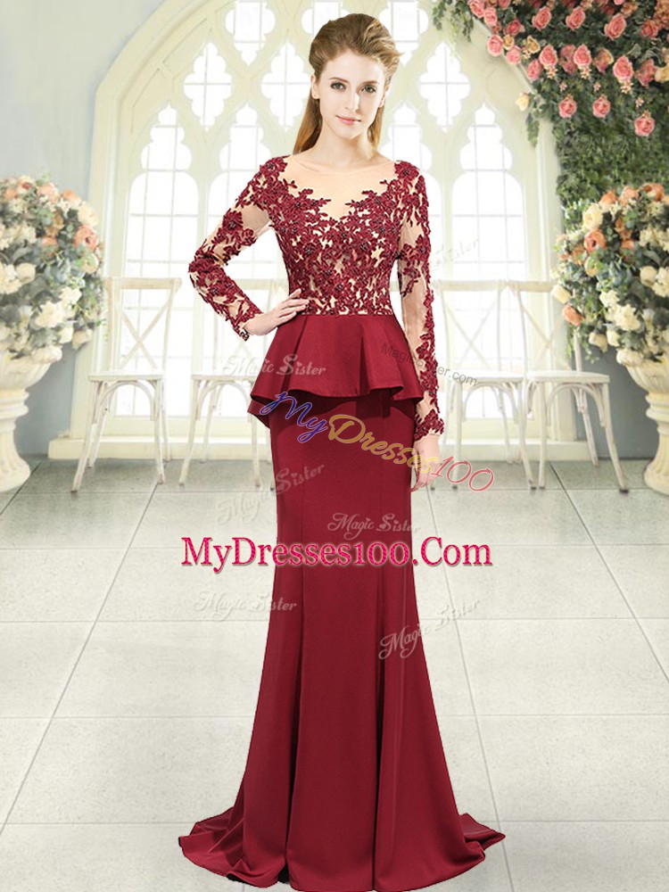 Fabulous Red Satin Zipper Scoop Long Sleeves Evening Dress Sweep Train Lace and Appliques