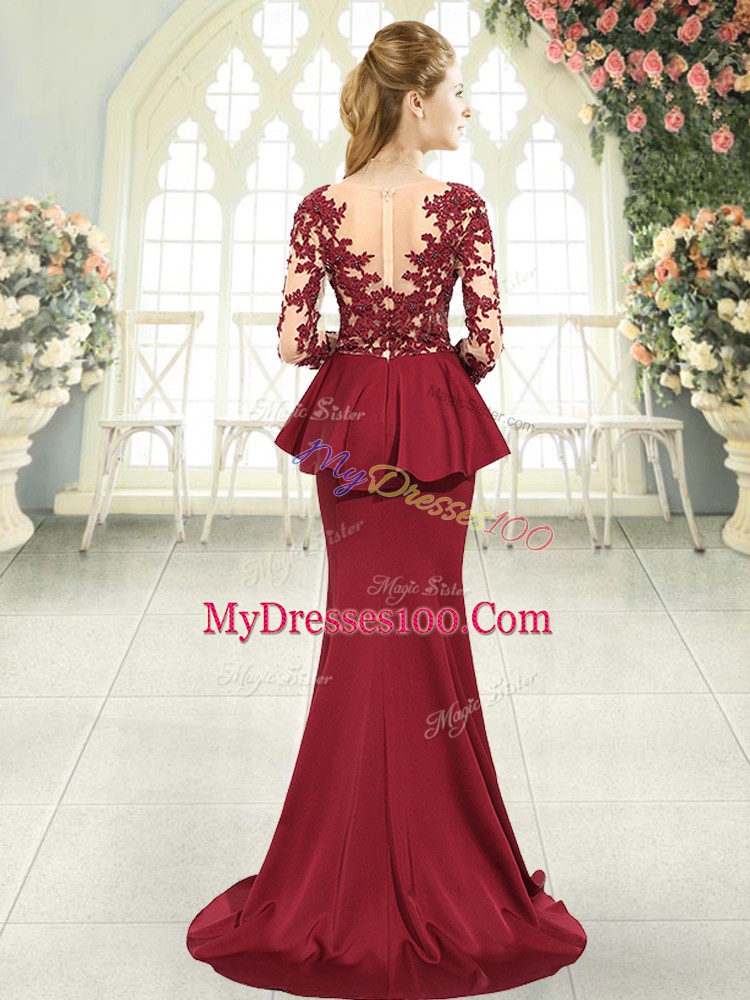 Fabulous Red Satin Zipper Scoop Long Sleeves Evening Dress Sweep Train Lace and Appliques