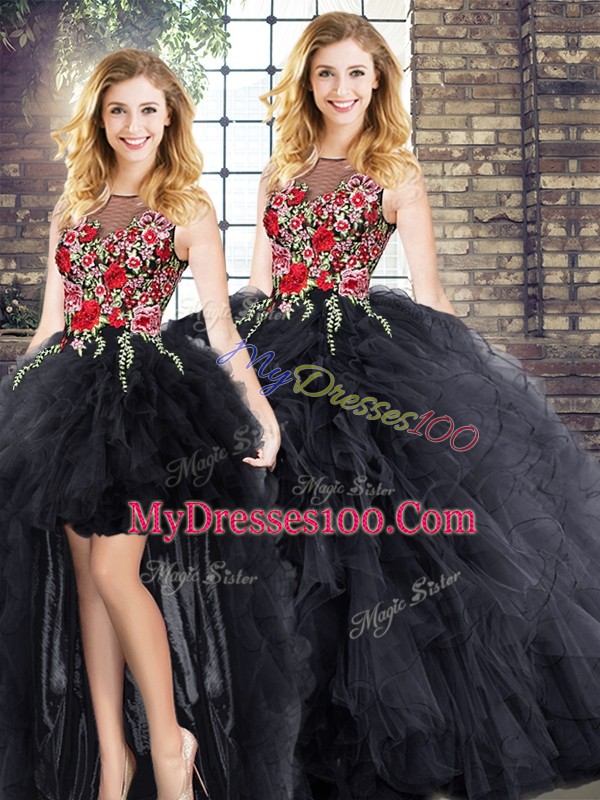 On Sale Black Sleeveless Embroidery and Ruffles Floor Length Sweet 16 Dresses