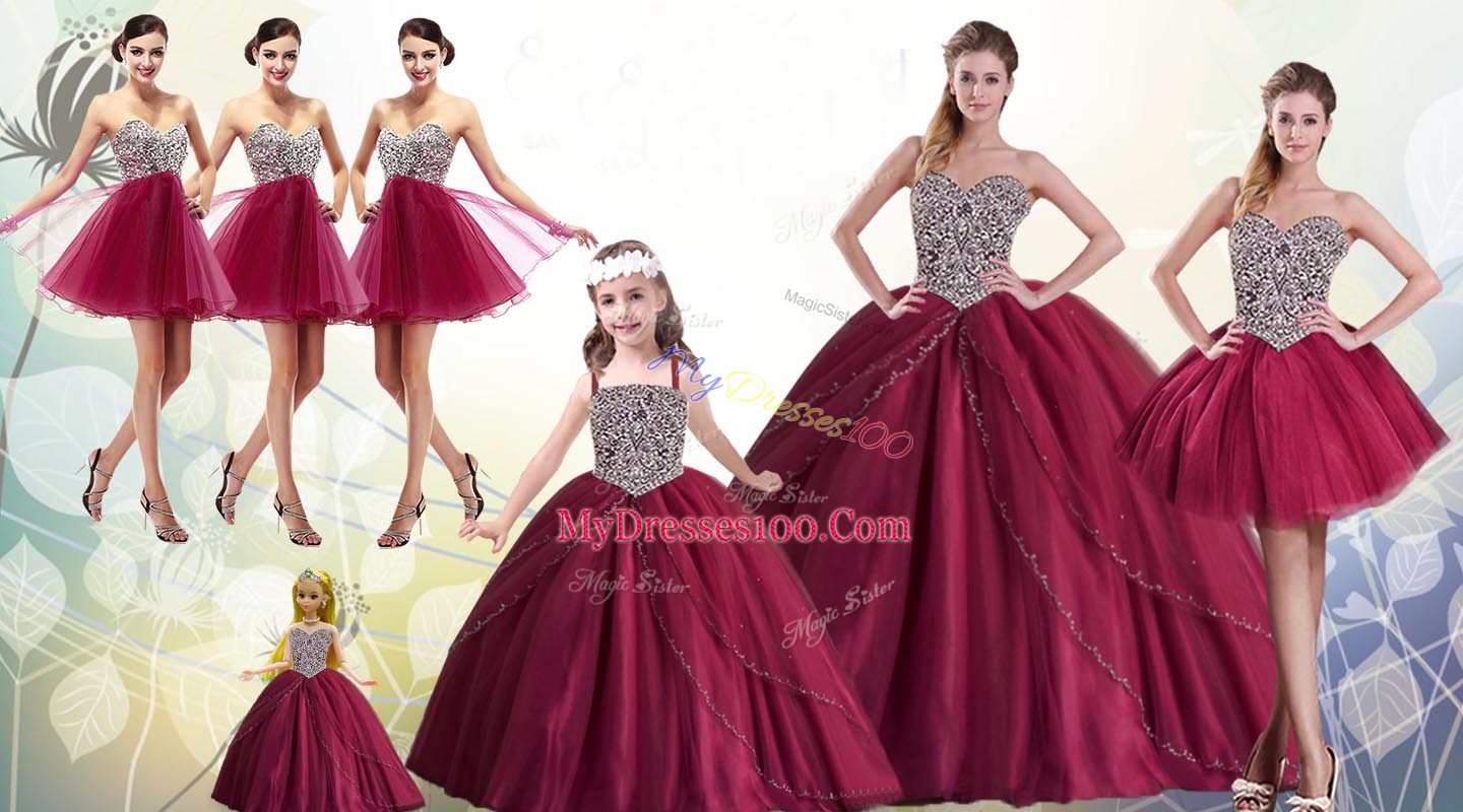 Discount Sleeveless Tulle Floor Length Lace Up Sweet 16 Dress in Red with Beading