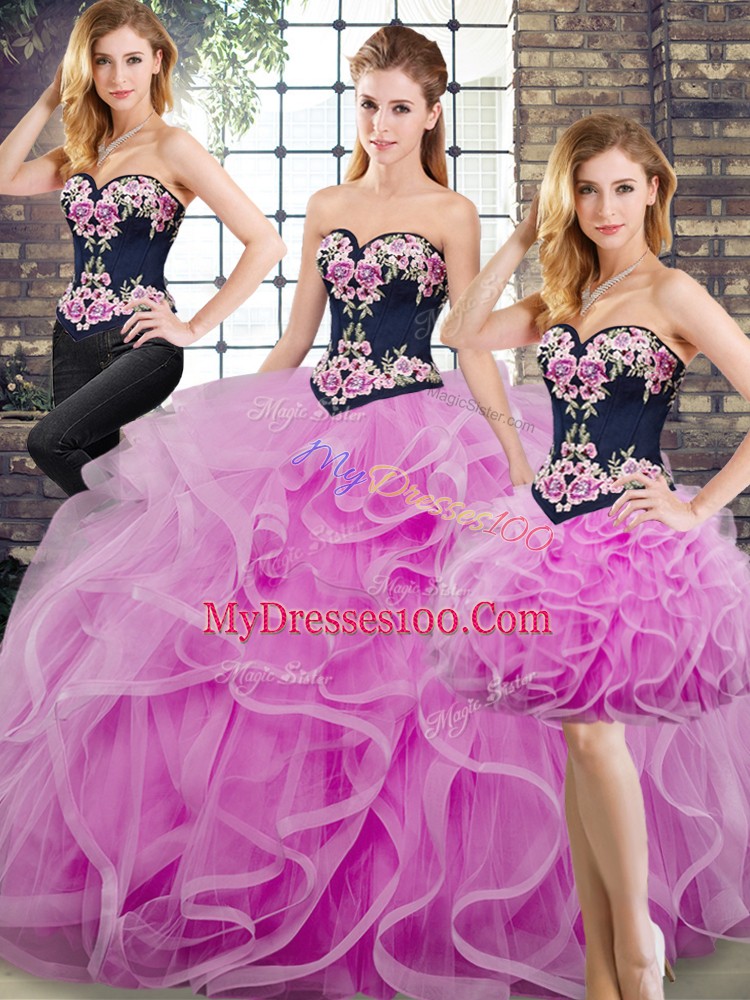 Edgy Sleeveless Tulle Sweep Train Lace Up Ball Gown Prom Dress in Lilac with Beading and Embroidery and Ruffles