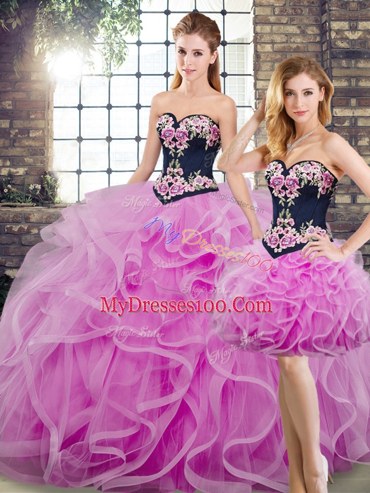 Edgy Sleeveless Tulle Sweep Train Lace Up Ball Gown Prom Dress in Lilac with Beading and Embroidery and Ruffles