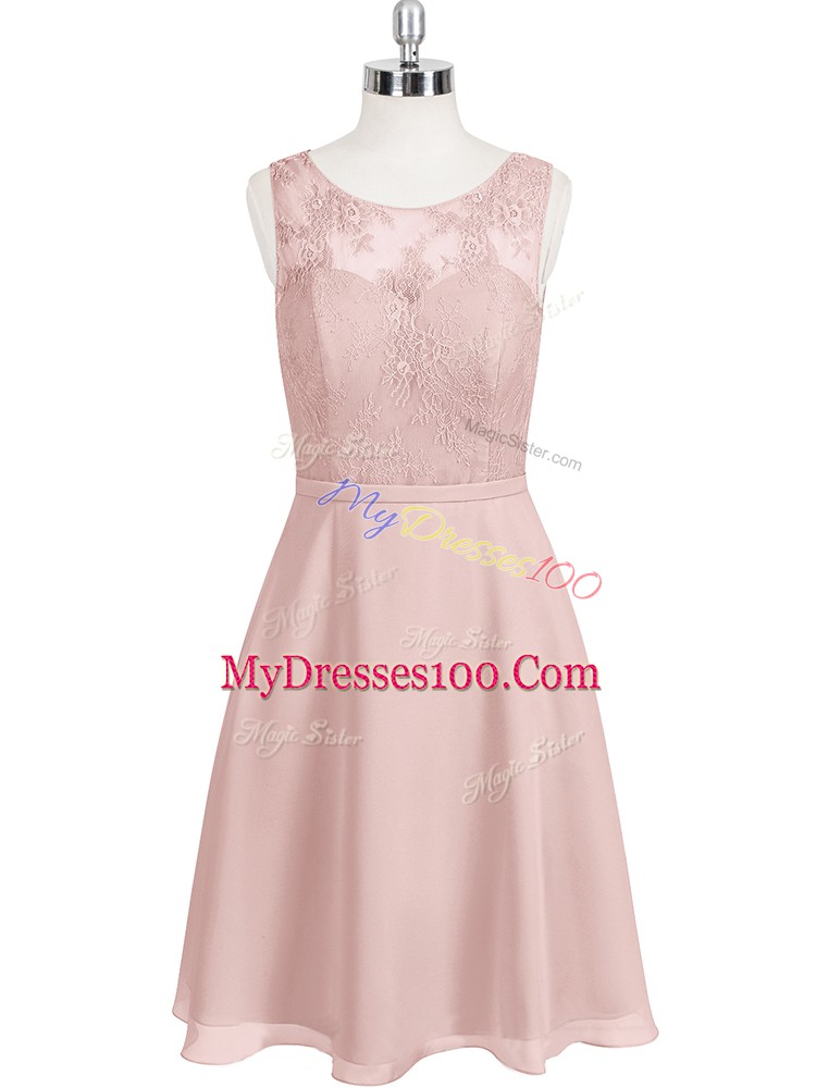 Most Popular Baby Pink A-line Chiffon Scoop Sleeveless Lace Mini Length Clasp Handle Prom Gown
