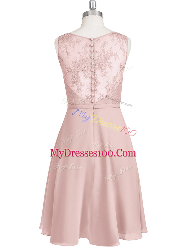 Most Popular Baby Pink A-line Chiffon Scoop Sleeveless Lace Mini Length Clasp Handle Prom Gown