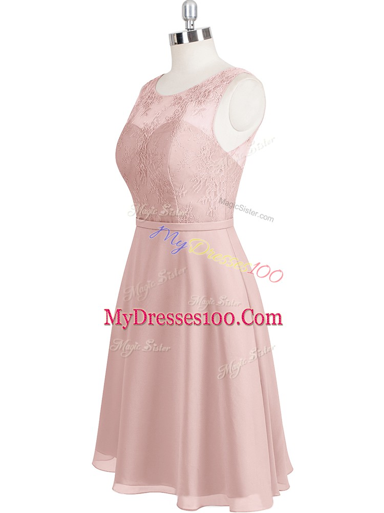 Most Popular Baby Pink A-line Chiffon Scoop Sleeveless Lace Mini Length Clasp Handle Prom Gown
