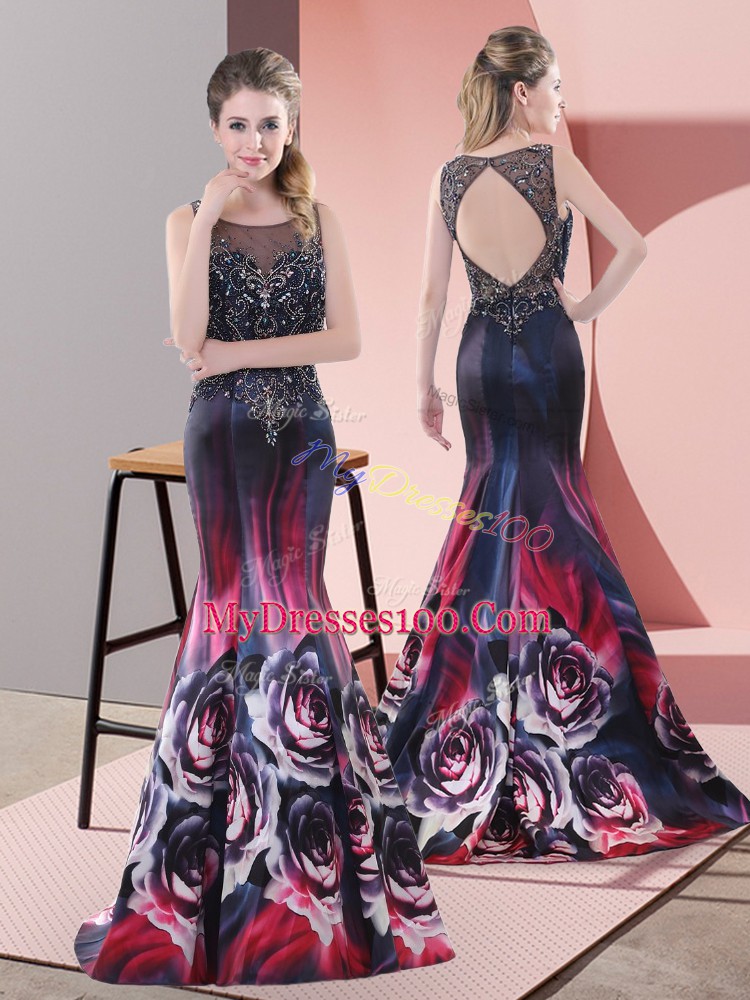 Printed Scoop Sleeveless Sweep Train Backless Beading in Multi-color