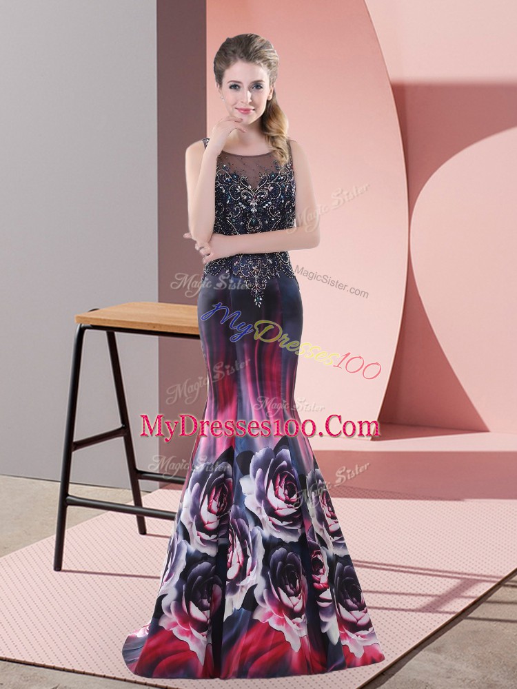 Printed Scoop Sleeveless Sweep Train Backless Beading in Multi-color