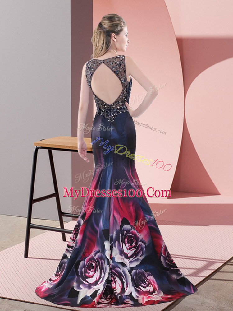 Printed Scoop Sleeveless Sweep Train Backless Beading in Multi-color