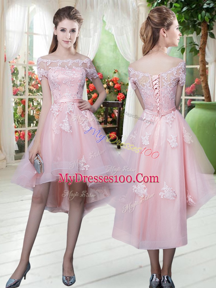 Half Sleeves Tulle High Low Lace Up Prom Party Dress in Baby Pink with Lace and Appliques