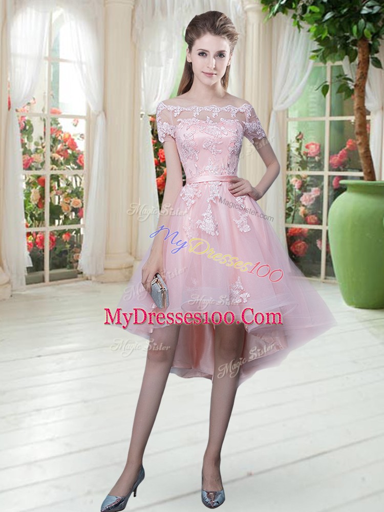 Half Sleeves Tulle High Low Lace Up Prom Party Dress in Baby Pink with Lace and Appliques