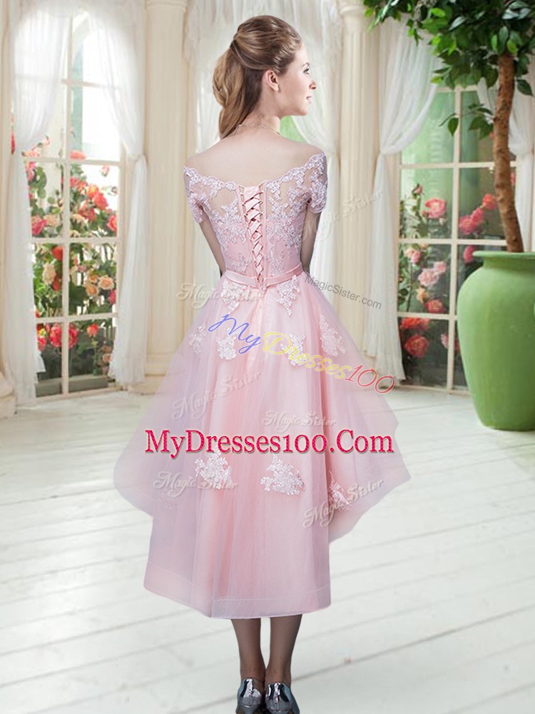 Half Sleeves Tulle High Low Lace Up Prom Party Dress in Baby Pink with Lace and Appliques