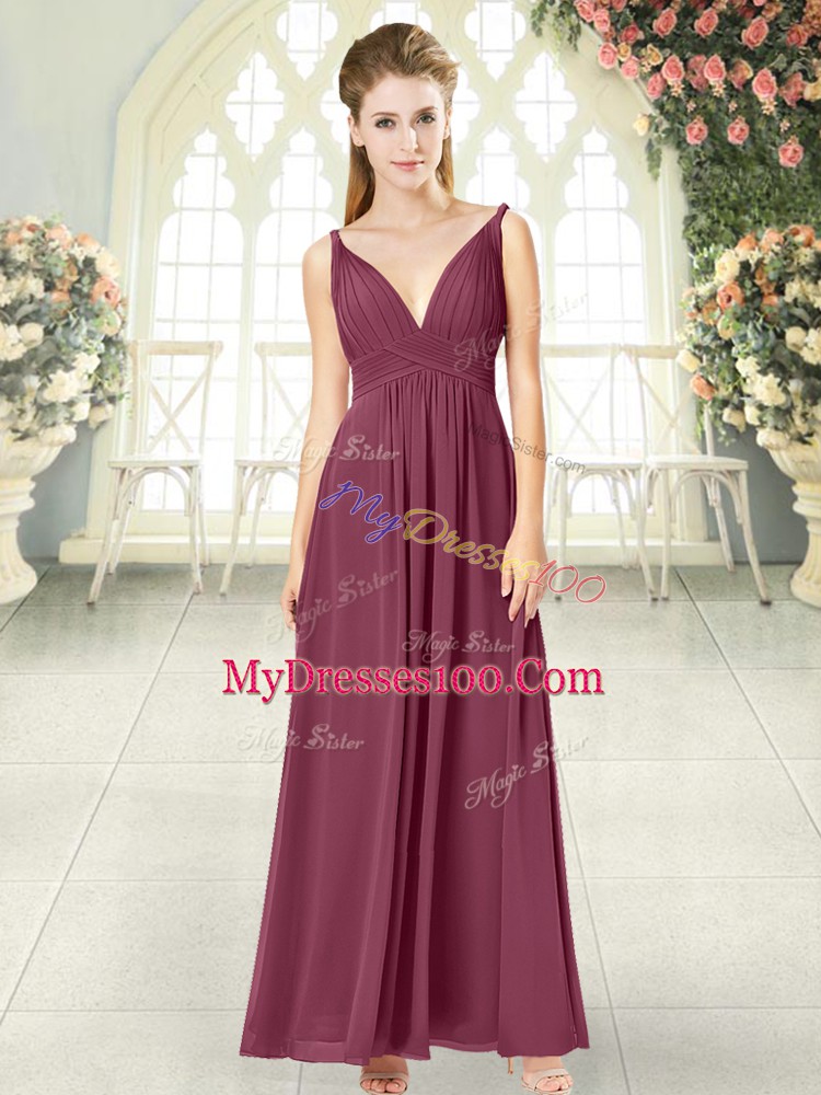 Burgundy Empire Ruching Prom Party Dress Side Zipper Chiffon Sleeveless Ankle Length