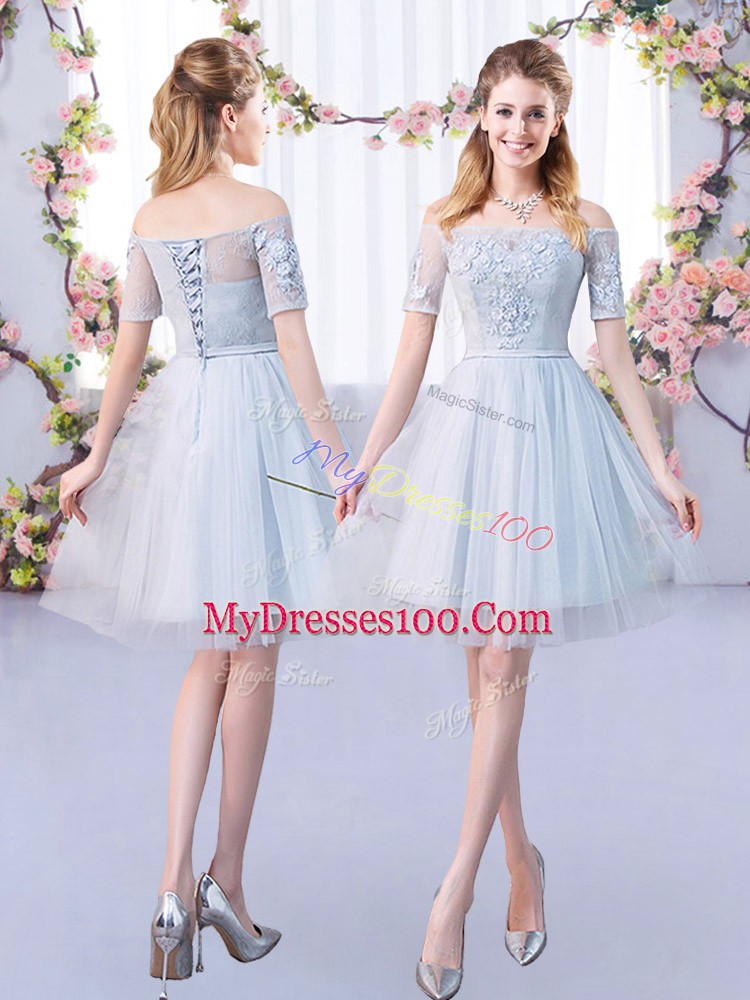 Grey Short Sleeves Lace Mini Length Bridesmaid Dresses