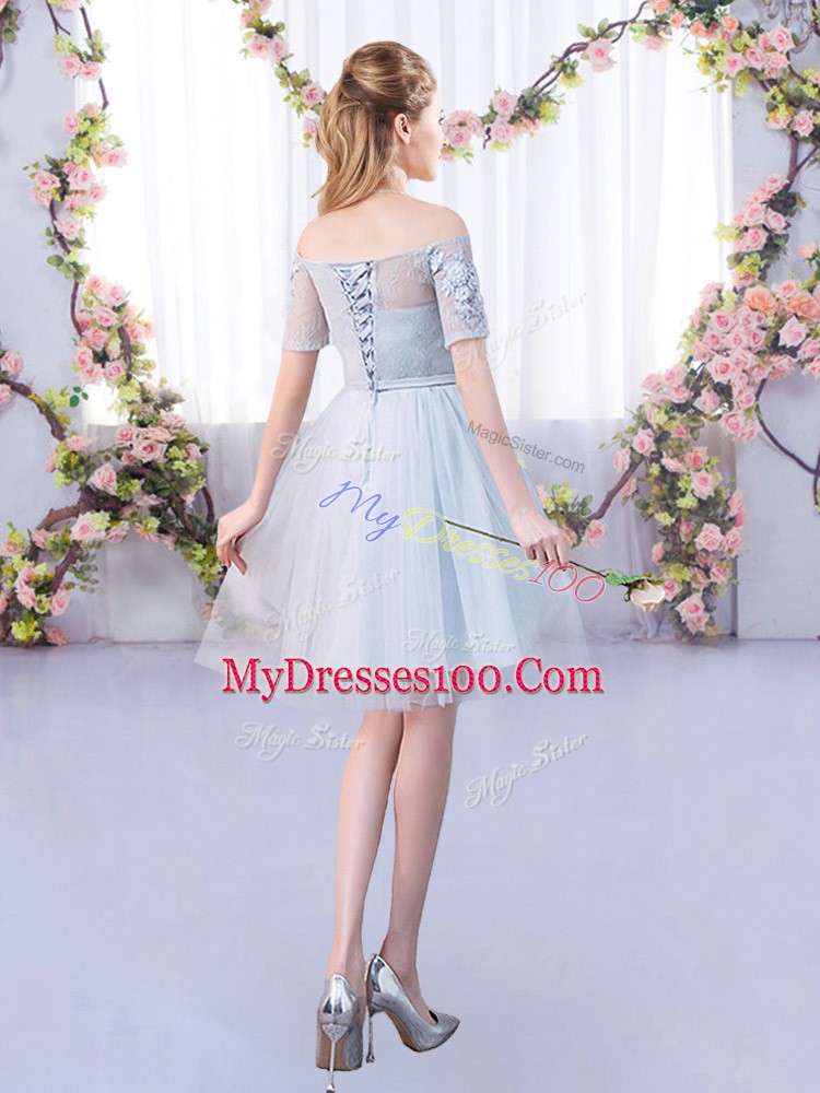Grey Short Sleeves Lace Mini Length Bridesmaid Dresses