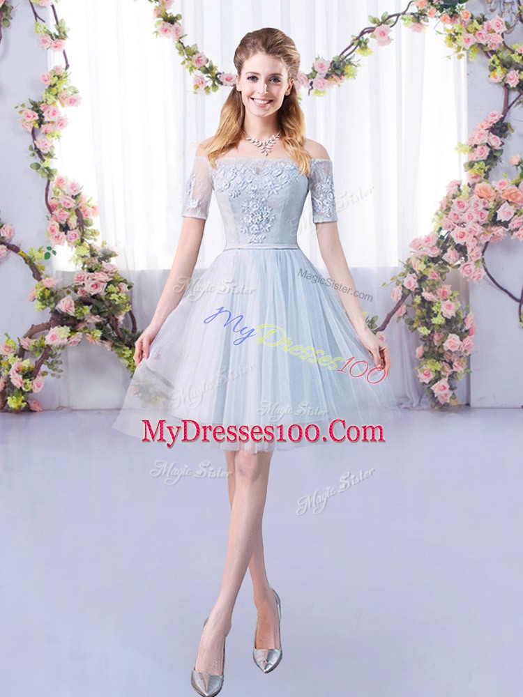 Grey Short Sleeves Lace Mini Length Bridesmaid Dresses
