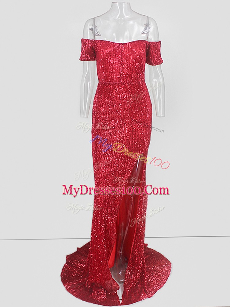 Romantic Off The Shoulder Short Sleeves Prom Party Dress Sequins Sweep Train