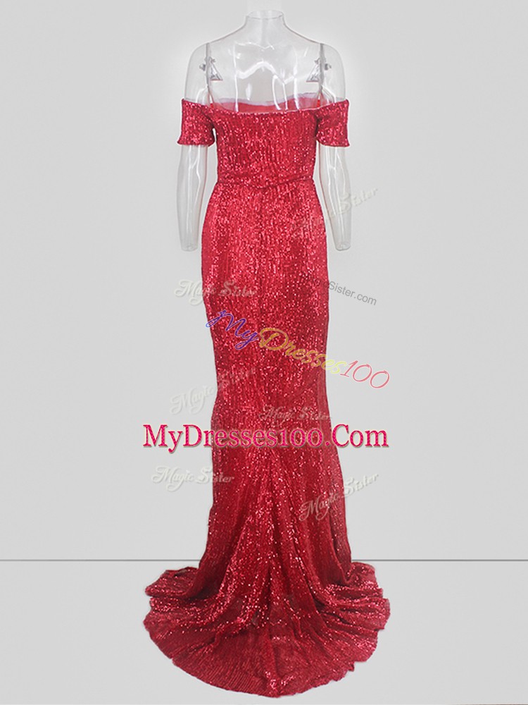 Romantic Off The Shoulder Short Sleeves Prom Party Dress Sequins Sweep Train
