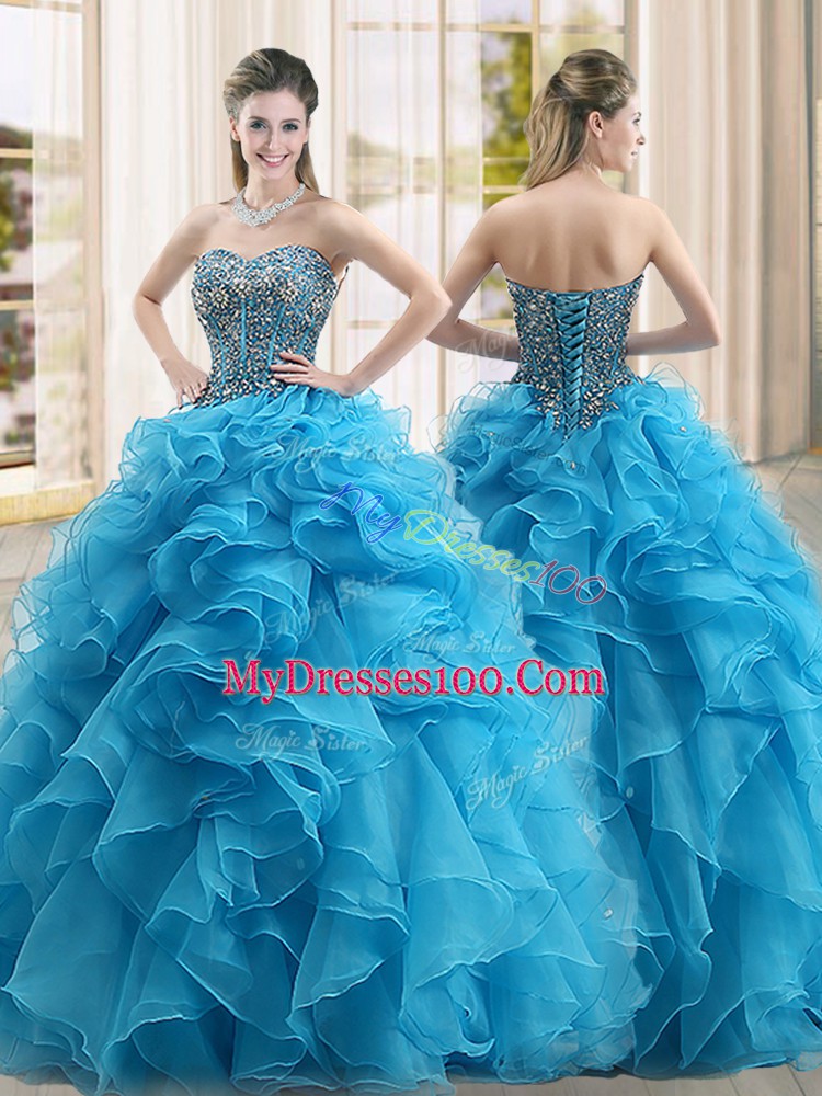 Beauteous Organza Sweetheart Sleeveless Lace Up Beading and Ruffles Sweet 16 Dresses in Baby Blue