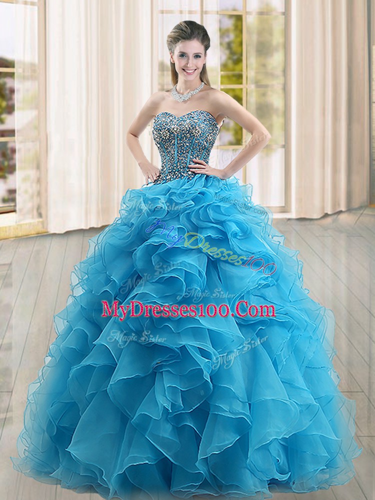 Beauteous Organza Sweetheart Sleeveless Lace Up Beading and Ruffles Sweet 16 Dresses in Baby Blue