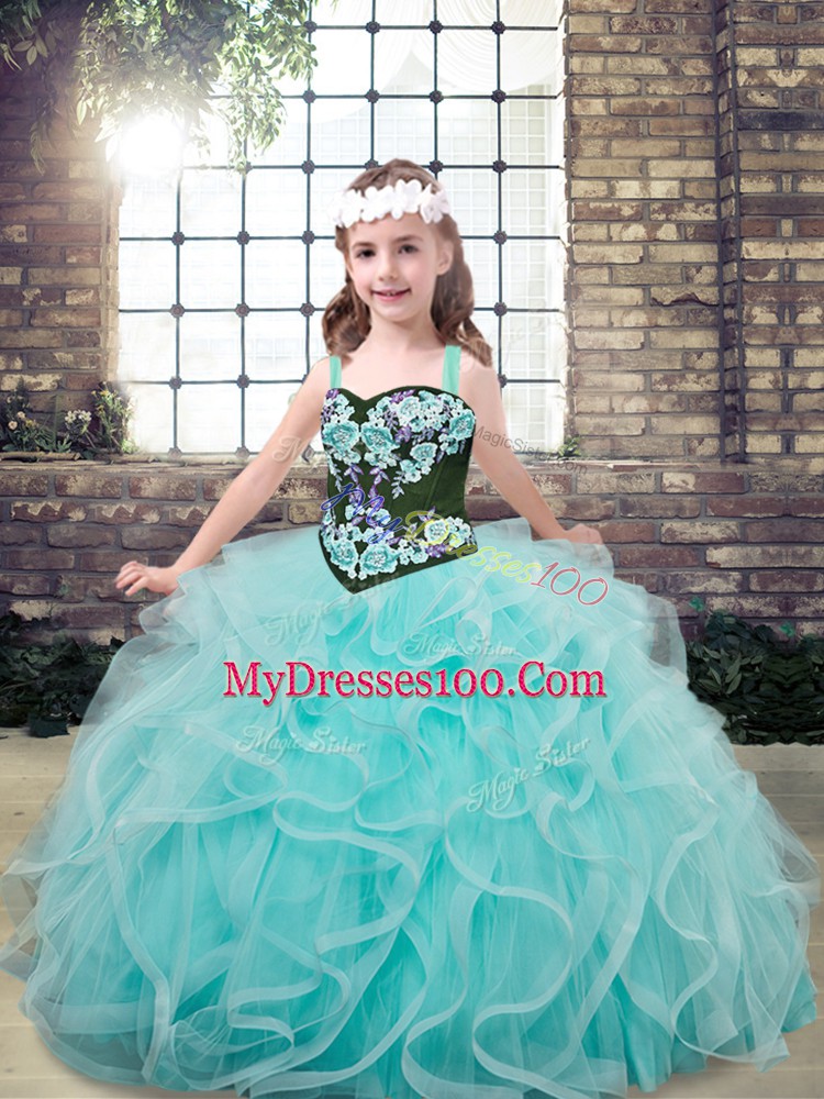 Stunning Sleeveless Tulle Floor Length Lace Up Pageant Dress in Aqua Blue with Embroidery and Ruffles