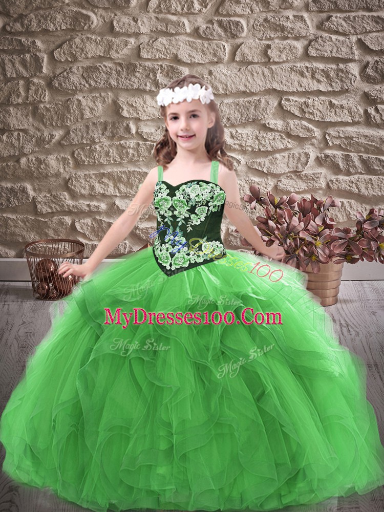 Embroidery and Ruffles Pageant Dress for Womens Green Lace Up Sleeveless Floor Length
