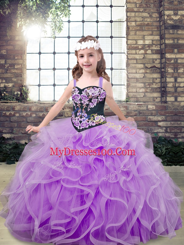Straps Sleeveless Tulle Pageant Dress Wholesale Embroidery and Ruffles Lace Up