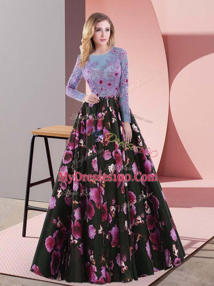 Sweet Embroidery Prom Evening Gown Multi-color Lace Up Long Sleeves Floor Length
