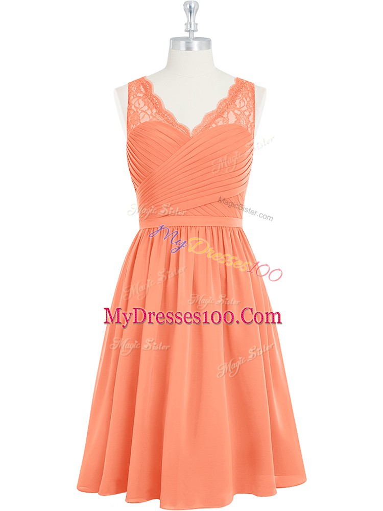 Sleeveless Chiffon Mini Length Side Zipper Prom Evening Gown in Orange with Lace