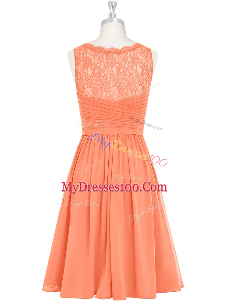 Sleeveless Chiffon Mini Length Side Zipper Prom Evening Gown in Orange with Lace