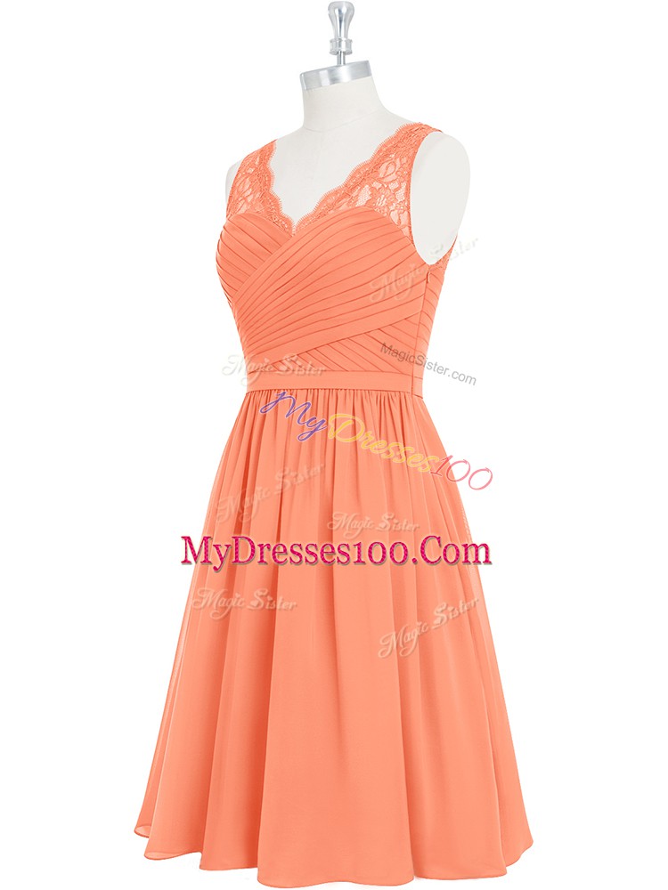 Sleeveless Chiffon Mini Length Side Zipper Prom Evening Gown in Orange with Lace