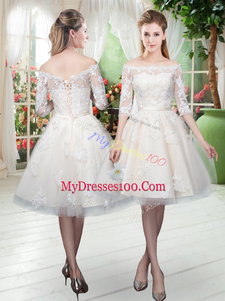 Decent Knee Length Champagne Prom Gown Tulle Half Sleeves Lace