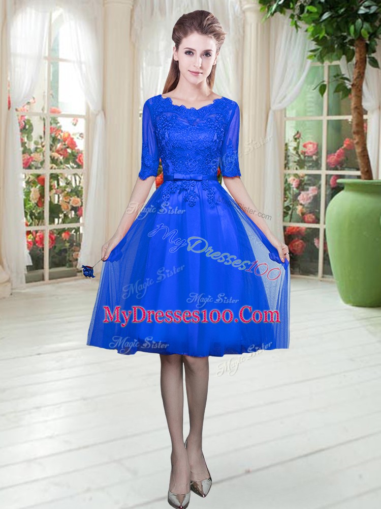 Royal Blue Lace Up Evening Gowns Lace Half Sleeves Knee Length