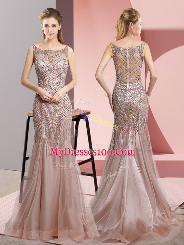 Ideal Floor Length Pink Prom Gown Scoop Sleeveless Zipper