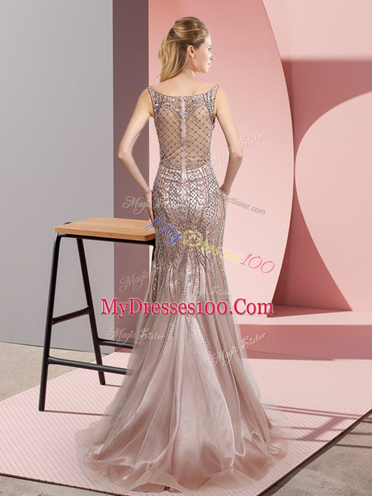 Ideal Floor Length Pink Prom Gown Scoop Sleeveless Zipper