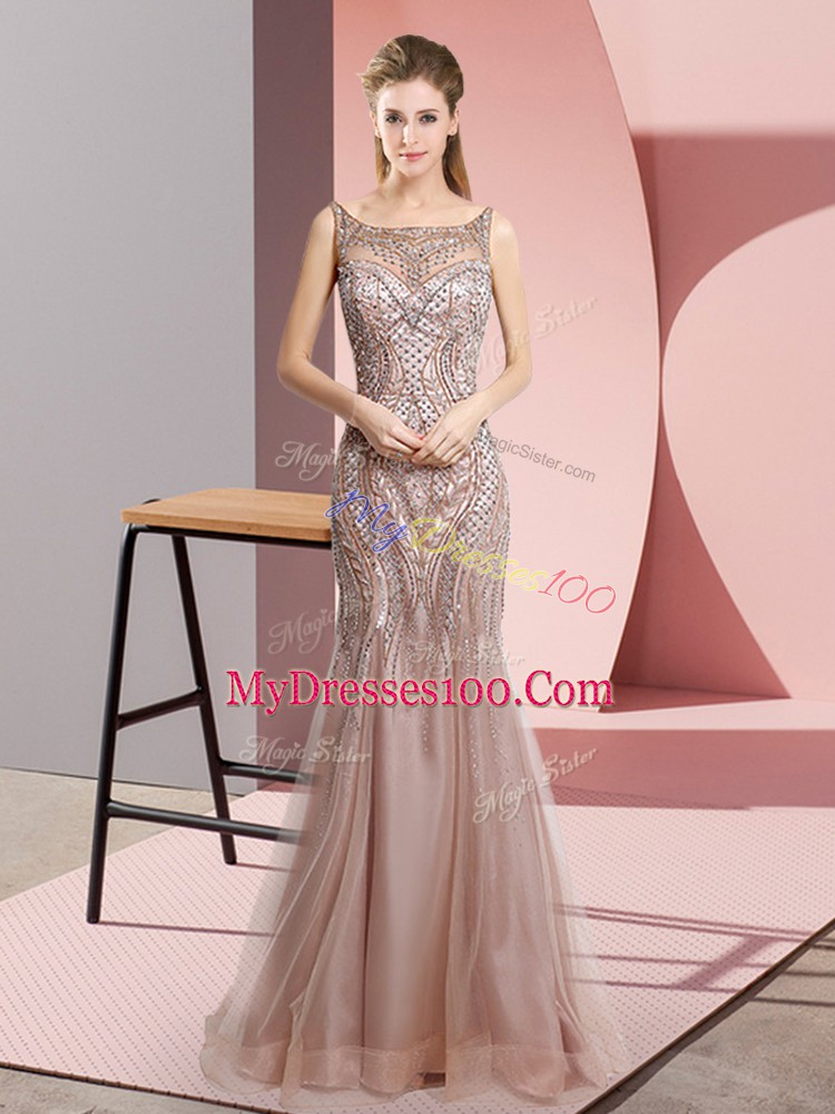 Ideal Floor Length Pink Prom Gown Scoop Sleeveless Zipper